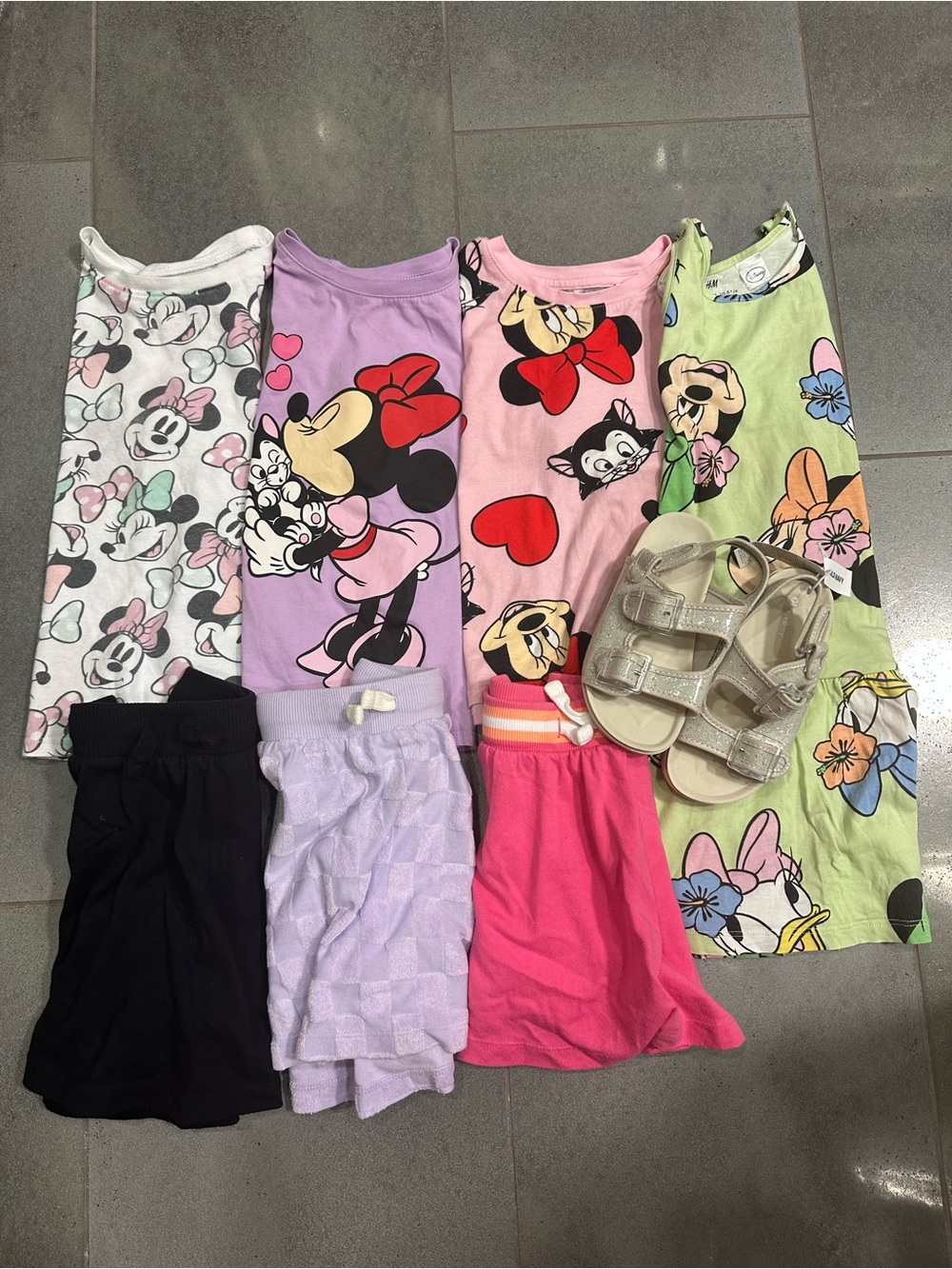 H&M Disney 5/6 Shirt Dress Skort Sandals Bundle Minnie Mouse Pink Purple Green